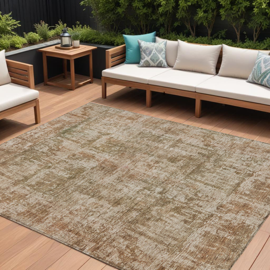 10 X 14 Beige And Copper Abstract Washable Indoor Outdoor Area Rug