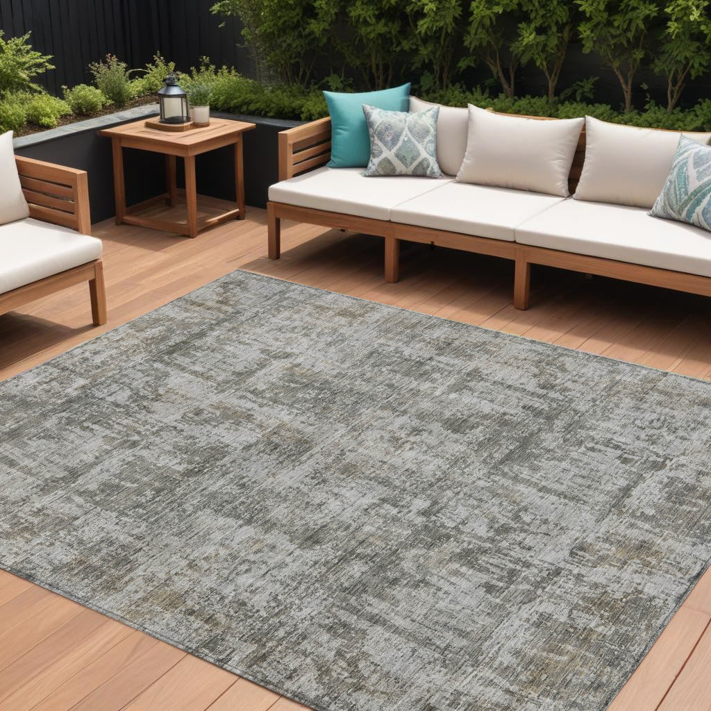 10 X 14 Pewter And Ivory Abstract Washable Indoor Outdoor Area Rug