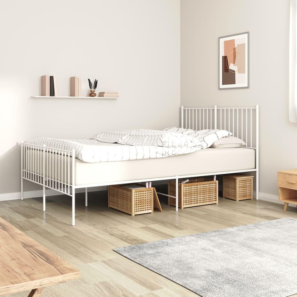 vidaXL Robust Metal Bed Frame with Headboard and Footboard, Classic Design, Extra Under Bed Storage Space, White Steel, Suitable for 53.9&quot;x74.8&quot; Mattress