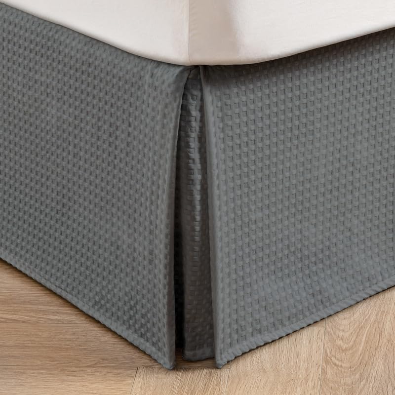 Miye Pleated Waffle Weave Bed Skirt, Tailored Dust Ruffle 22 Inch Drop Easy Fit, Machine Washable (Dark Grey, Queen - 22'' Drop)