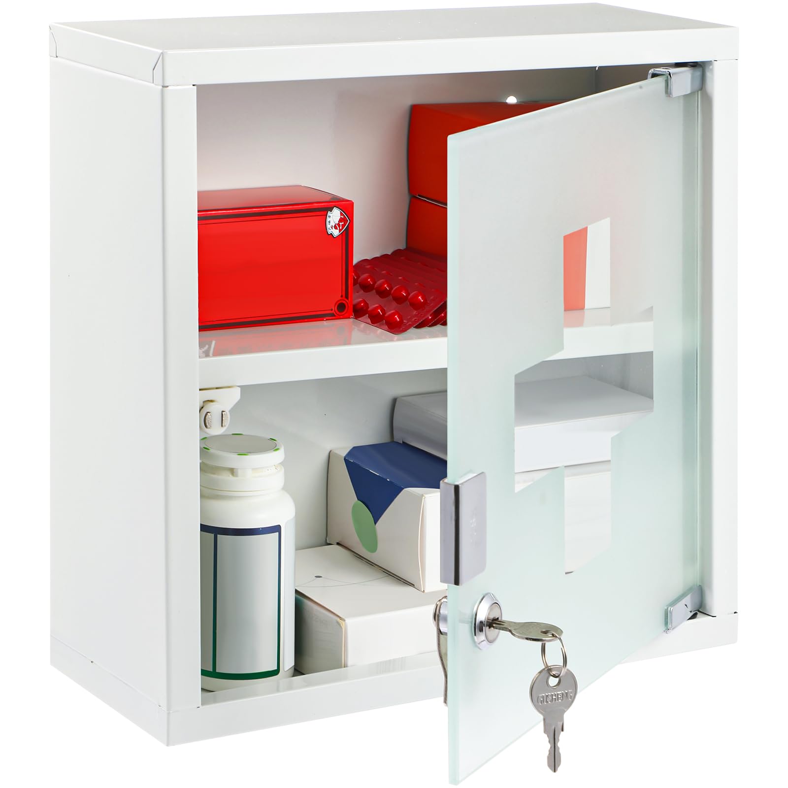 Timgle First Aid Wall Cabinet with Lock Medicine Wall Mounted Bathroom Storage Hanging Medical Cabinet with Safety Glass Door fo