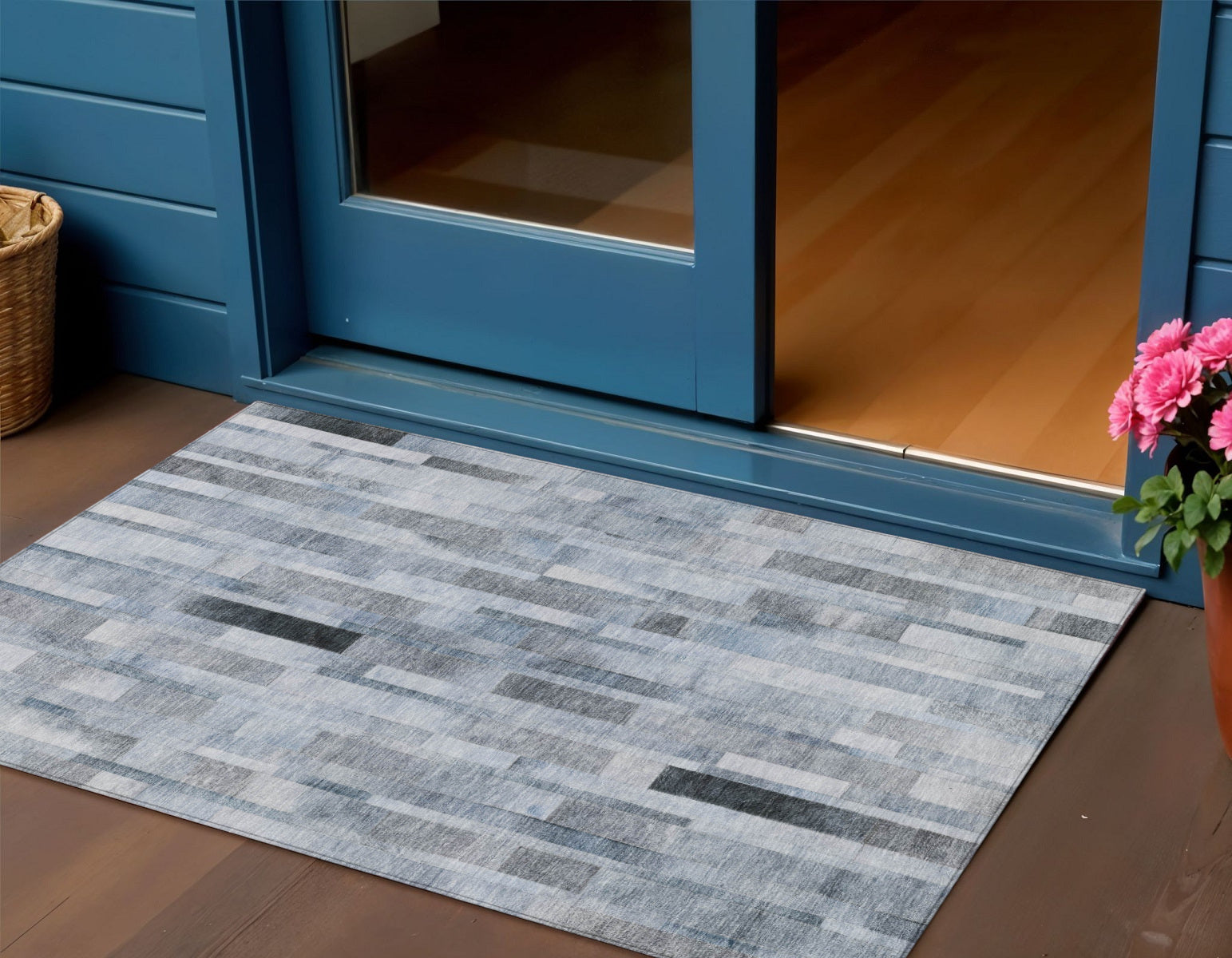 3 X 5 Blue And Gray Striped Washable Indoor Outdoor Area Rug