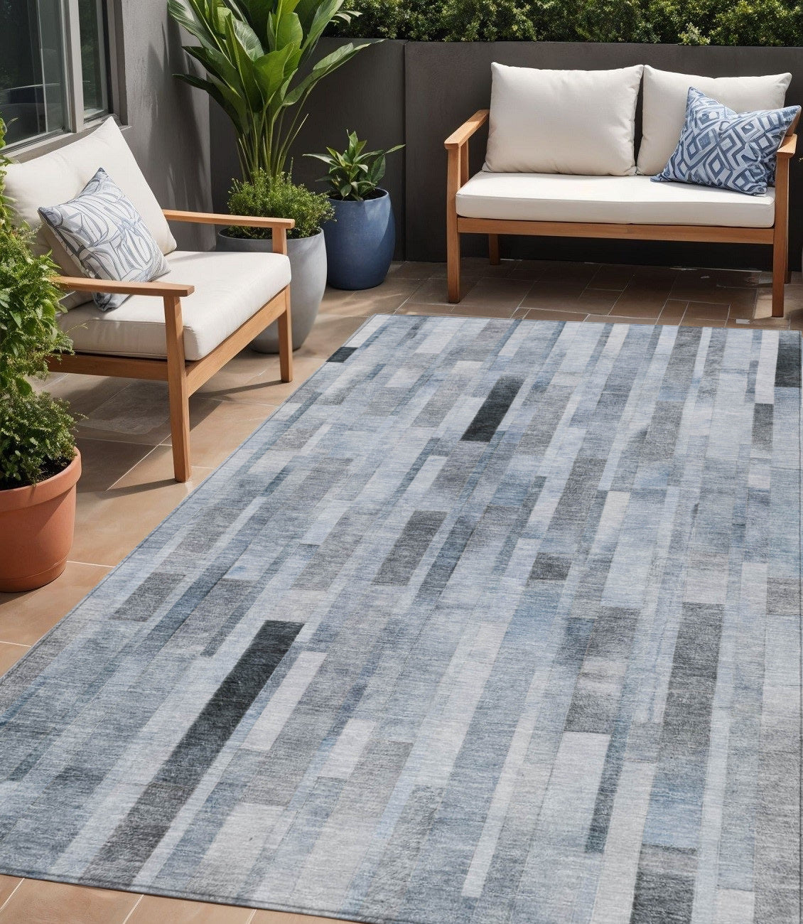 5 X 8 Blue And Gray Striped Washable Indoor Outdoor Area Rug