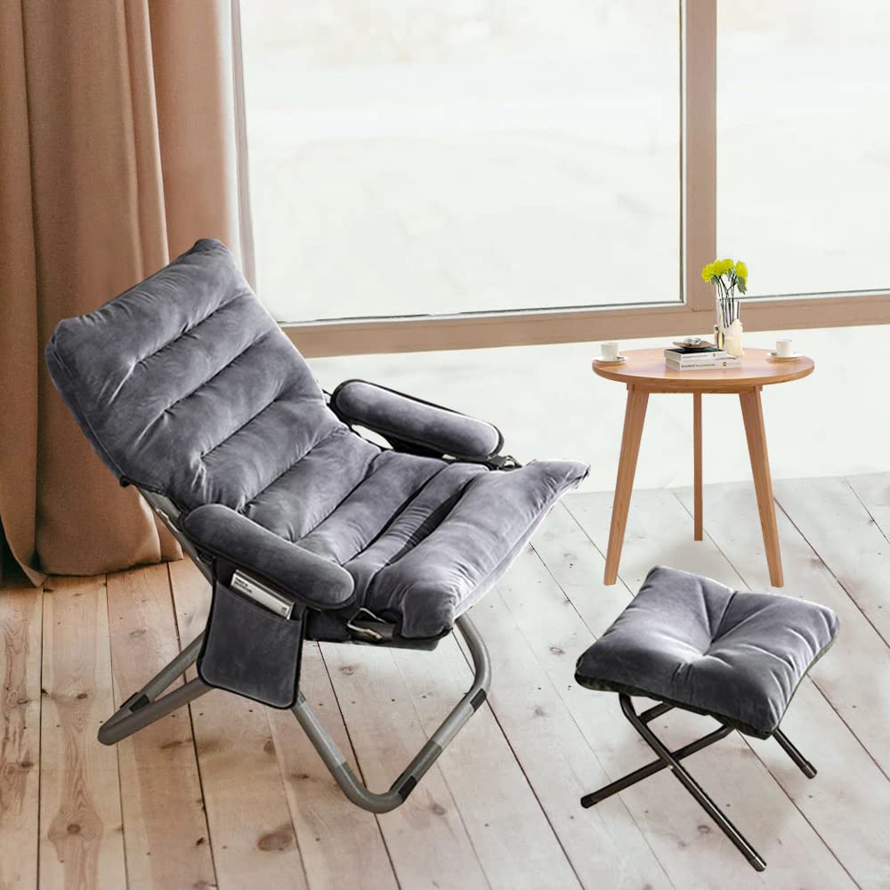 Faytn Living Room Lazy Chair with Ottoman, Foldable Lounge Reclining Armchair Comfy Chair with Side Pocket Footrest for Bedroom/