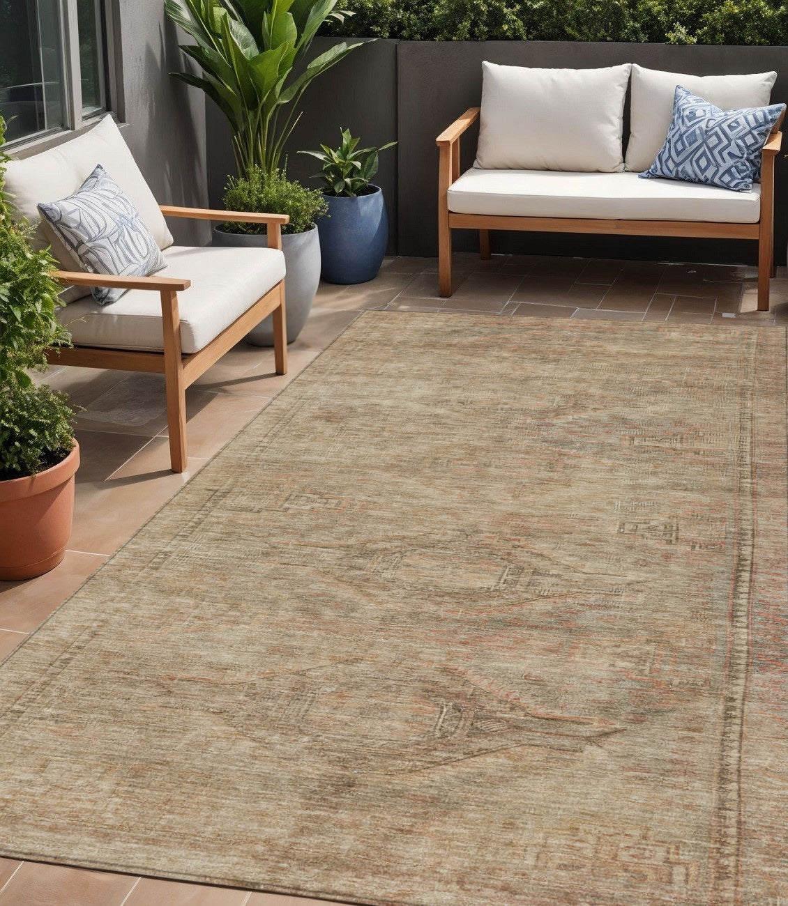 5 X 8 Beige And Taupe Aztec Washable Indoor Outdoor Area Rug