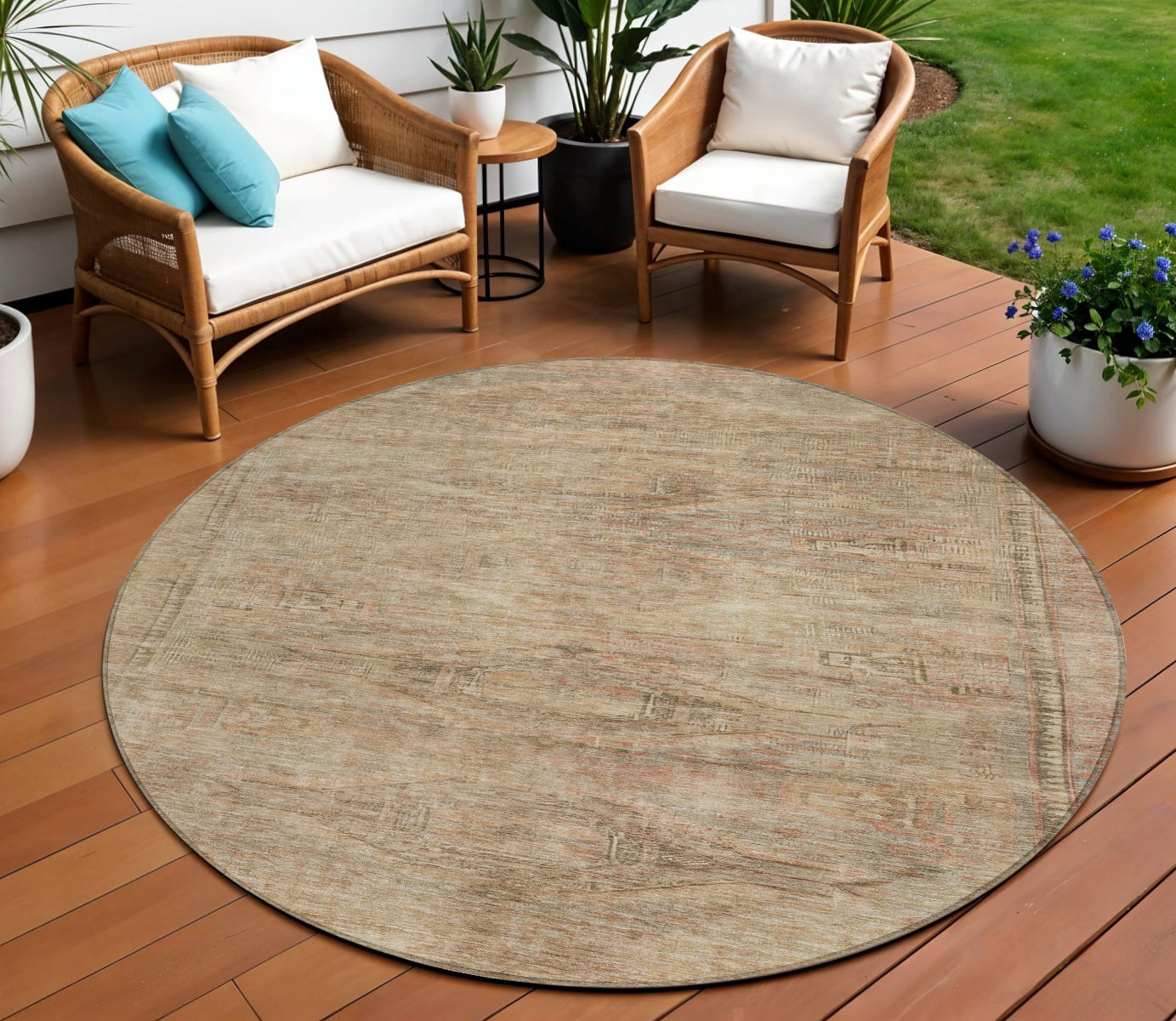 8 Beige And Taupe Round Aztec Washable Indoor Outdoor Area Rug