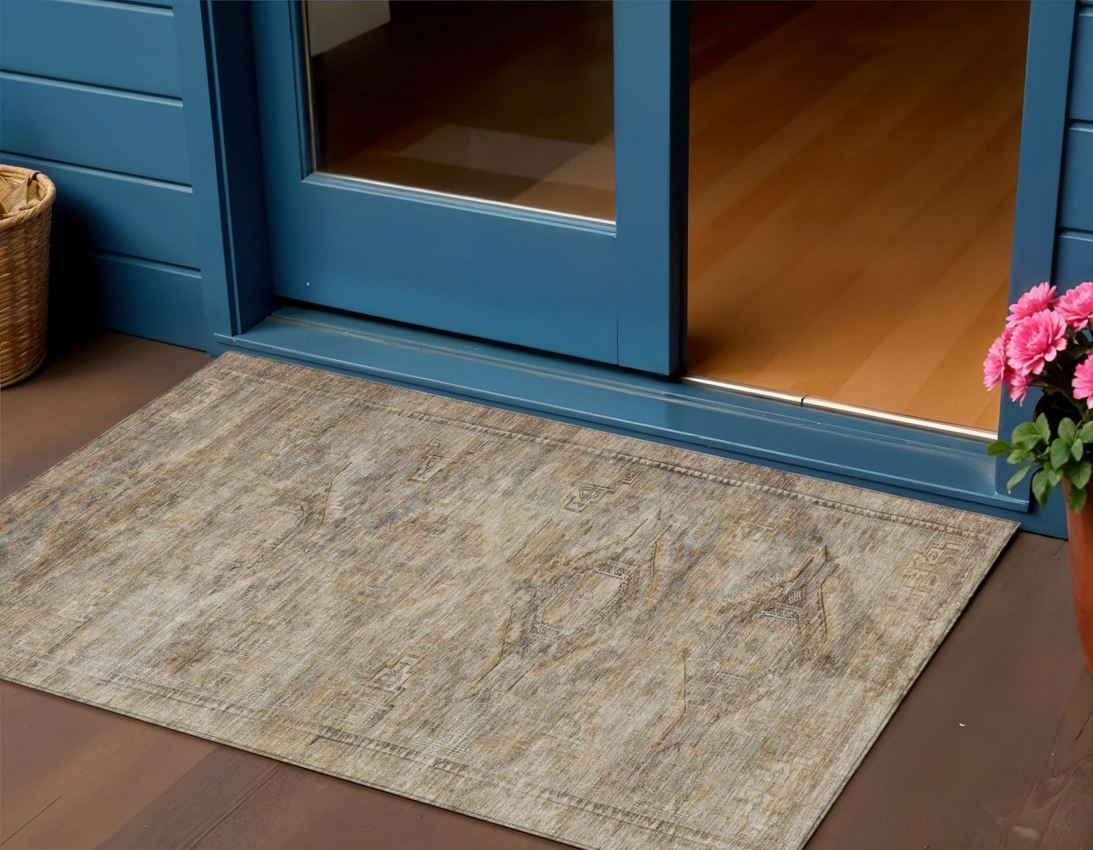 3 X 5 Brown And Taupe Aztec Washable Indoor Outdoor Area Rug