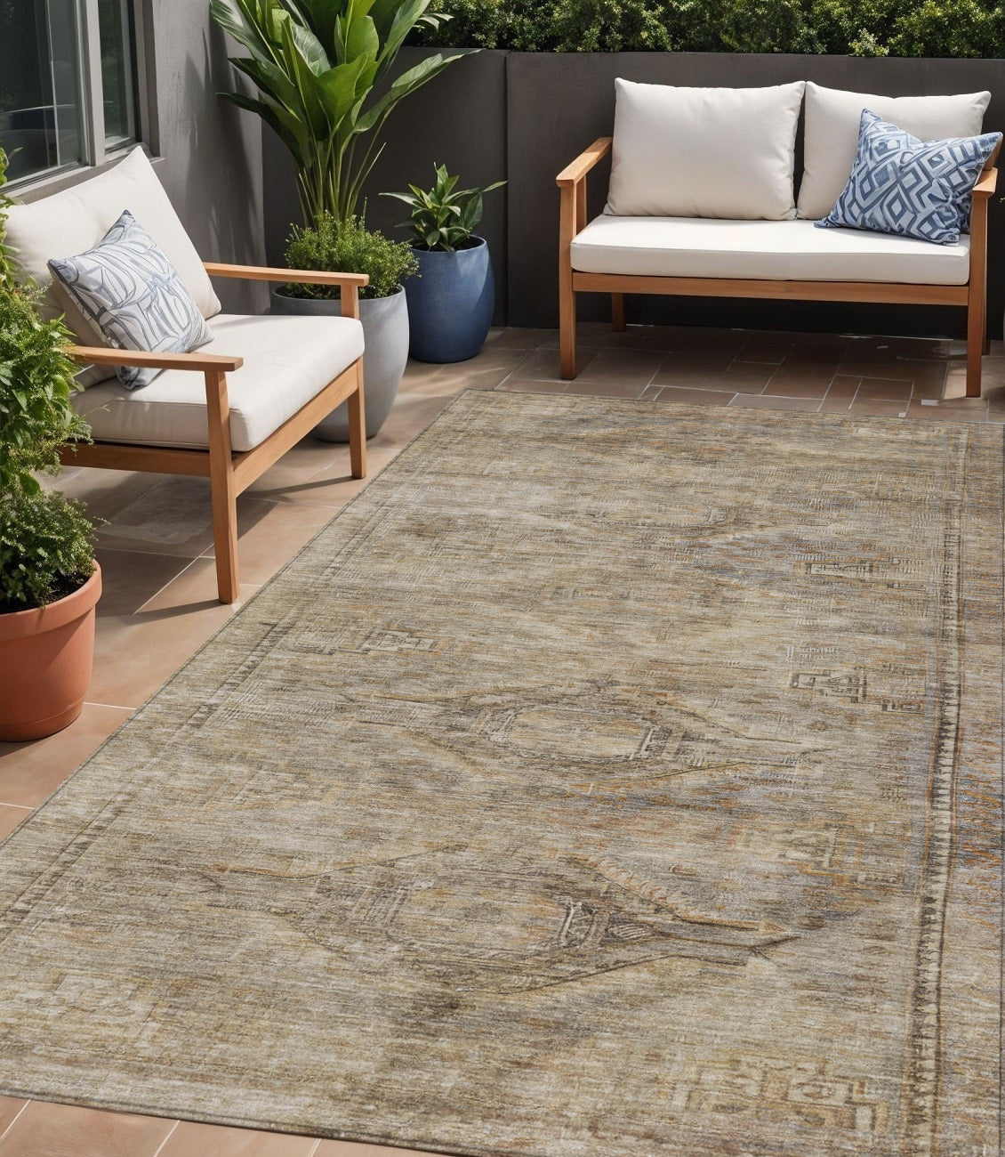5 X 8 Brown And Taupe Aztec Washable Indoor Outdoor Area Rug