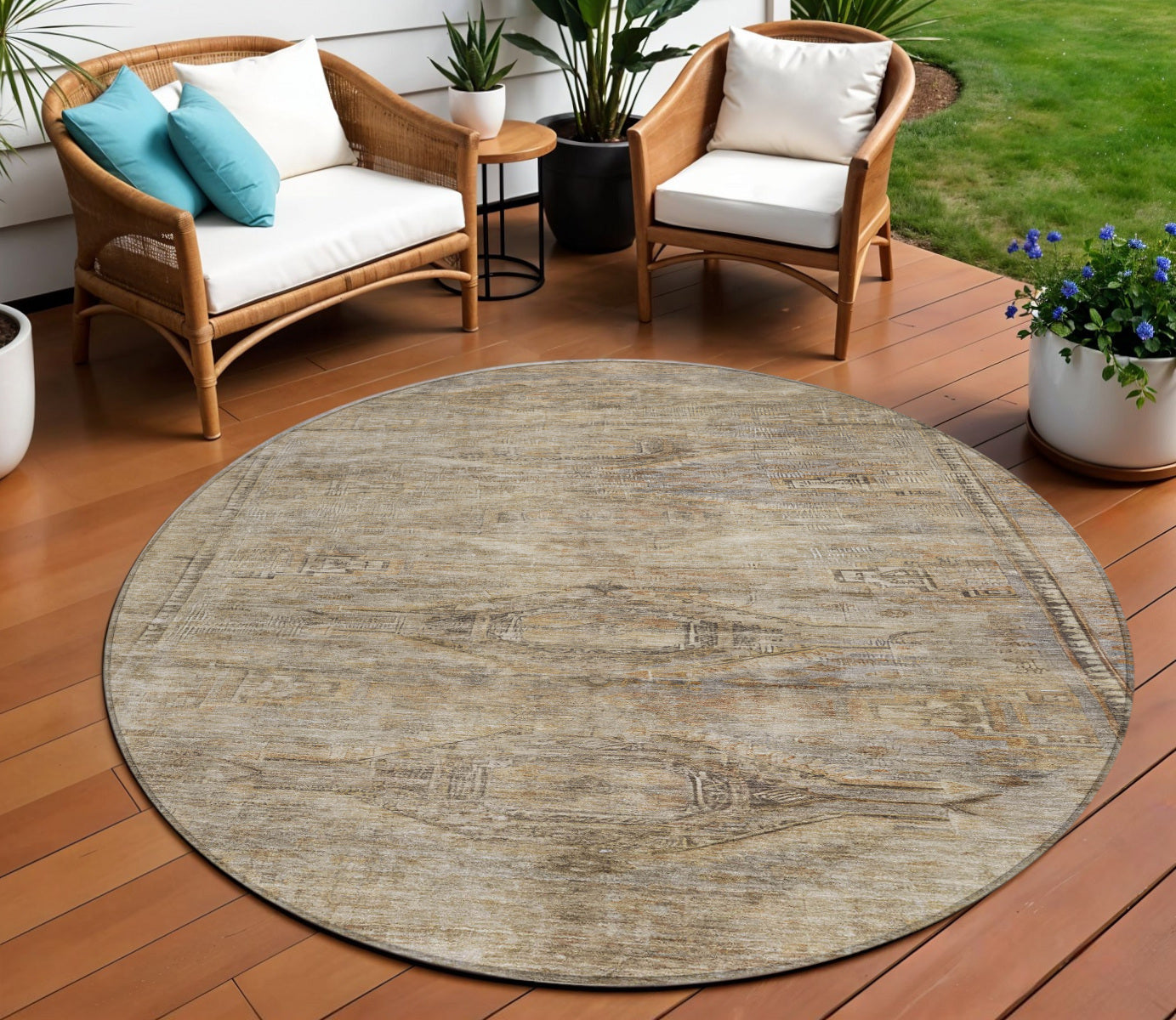 8 Brown And Taupe Round Aztec Washable Indoor Outdoor Area Rug