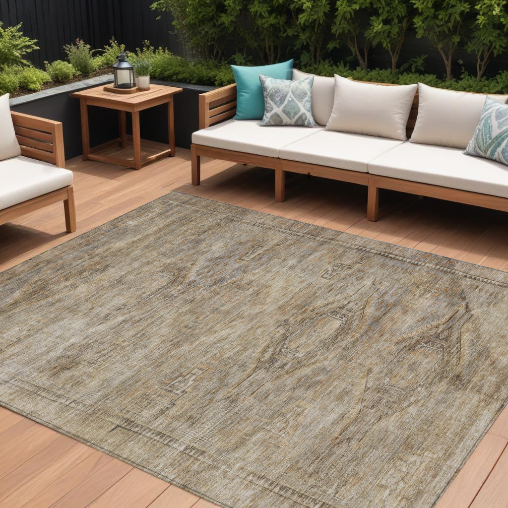 10 X 14 Brown And Taupe Aztec Washable Indoor Outdoor Area Rug