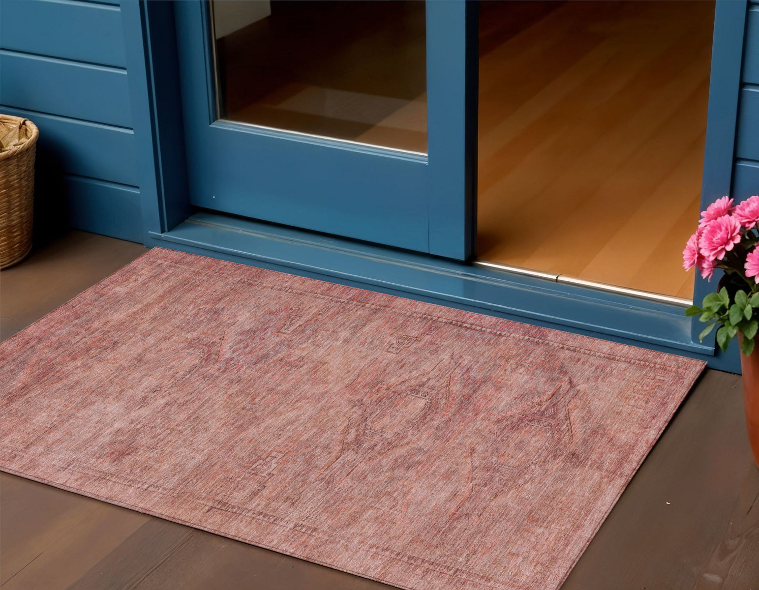 3 X 5 Terra Cotta And Salmon Aztec Washable Indoor Outdoor Area Rug