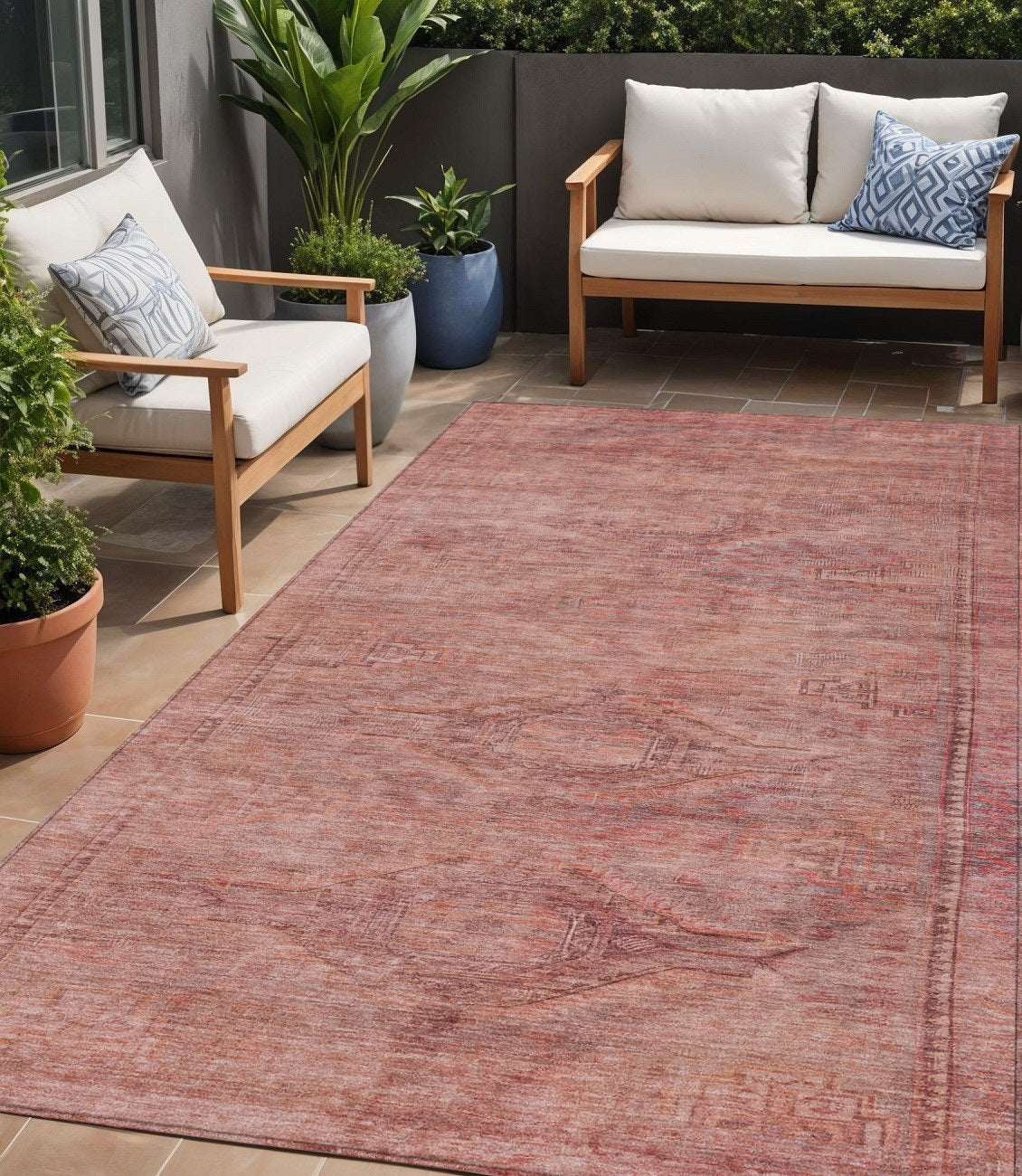 5 X 8 Terra Cotta And Salmon Aztec Washable Indoor Outdoor Area Rug