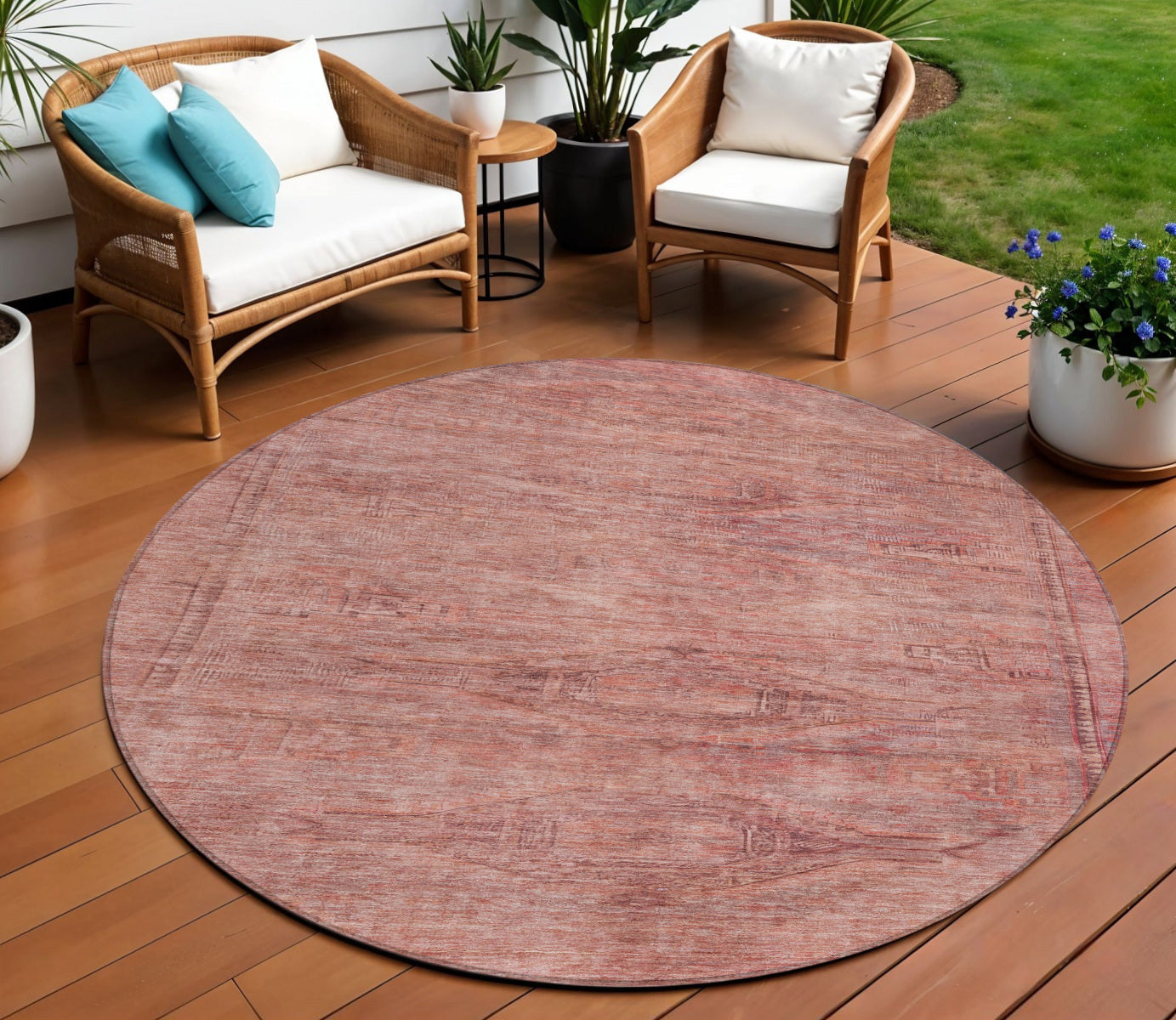 8 Terra Cotta And Salmon Round Aztec Washable Indoor Outdoor Area Rug