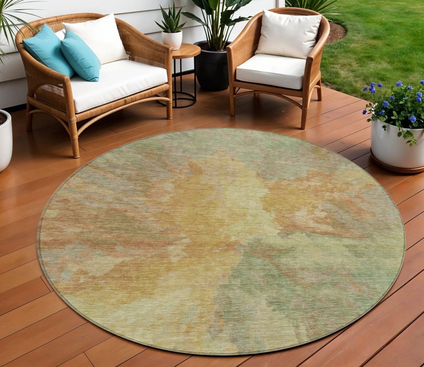 8 Artichoke Green And Gold Round Abstract Washable Indoor Outdoor Area Rug