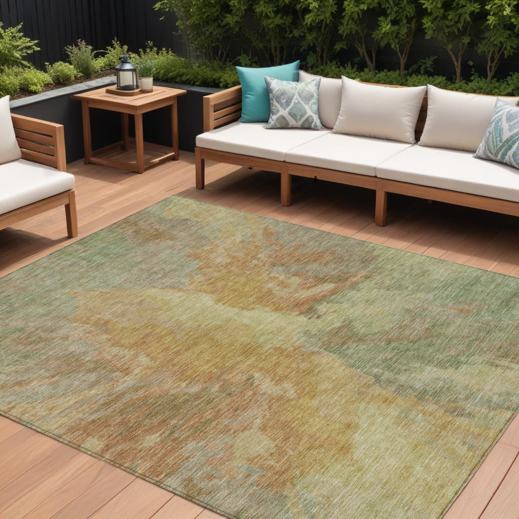 9 X 12 Artichoke Green And Gold Abstract Washable Indoor Outdoor Area Rug