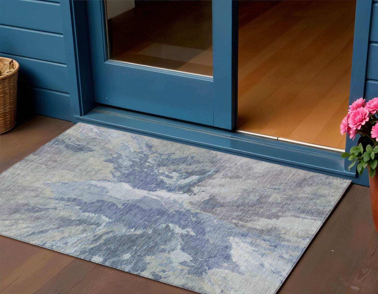 3 X 5 Denim Blue And Linen Abstract Washable Indoor Outdoor Area Rug