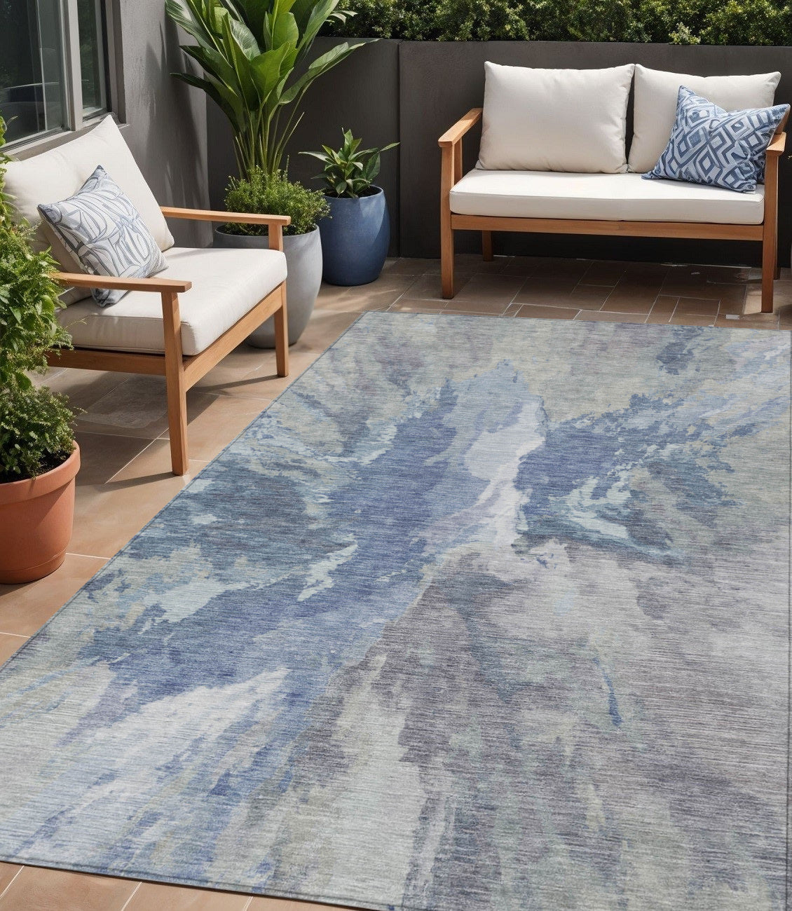 5 X 8 Denim Blue And Linen Abstract Washable Indoor Outdoor Area Rug