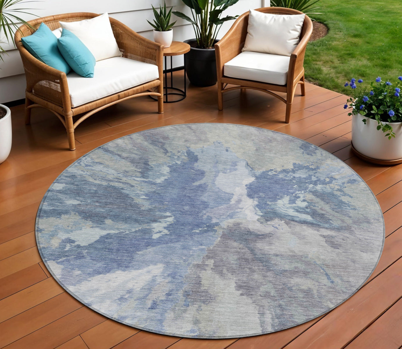 8 Denim Blue And Linen Round Abstract Washable Indoor Outdoor Area Rug
