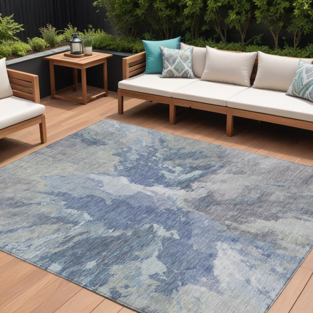 8 X 10 Denim Blue And Linen Abstract Washable Indoor Outdoor Area Rug