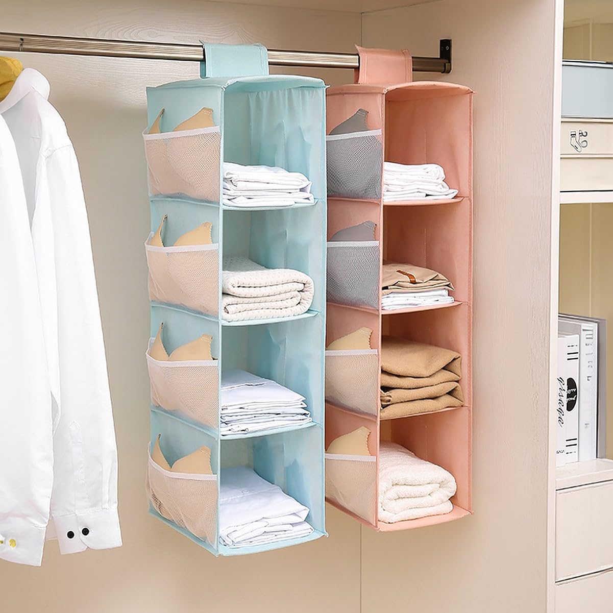 Wolpin (Pack Of 1 Closet Hanging Organizer 4 Shelves With Mesh Pockets For Wardrobe Cloth Organizer Collapsible Washable (Blue) 
