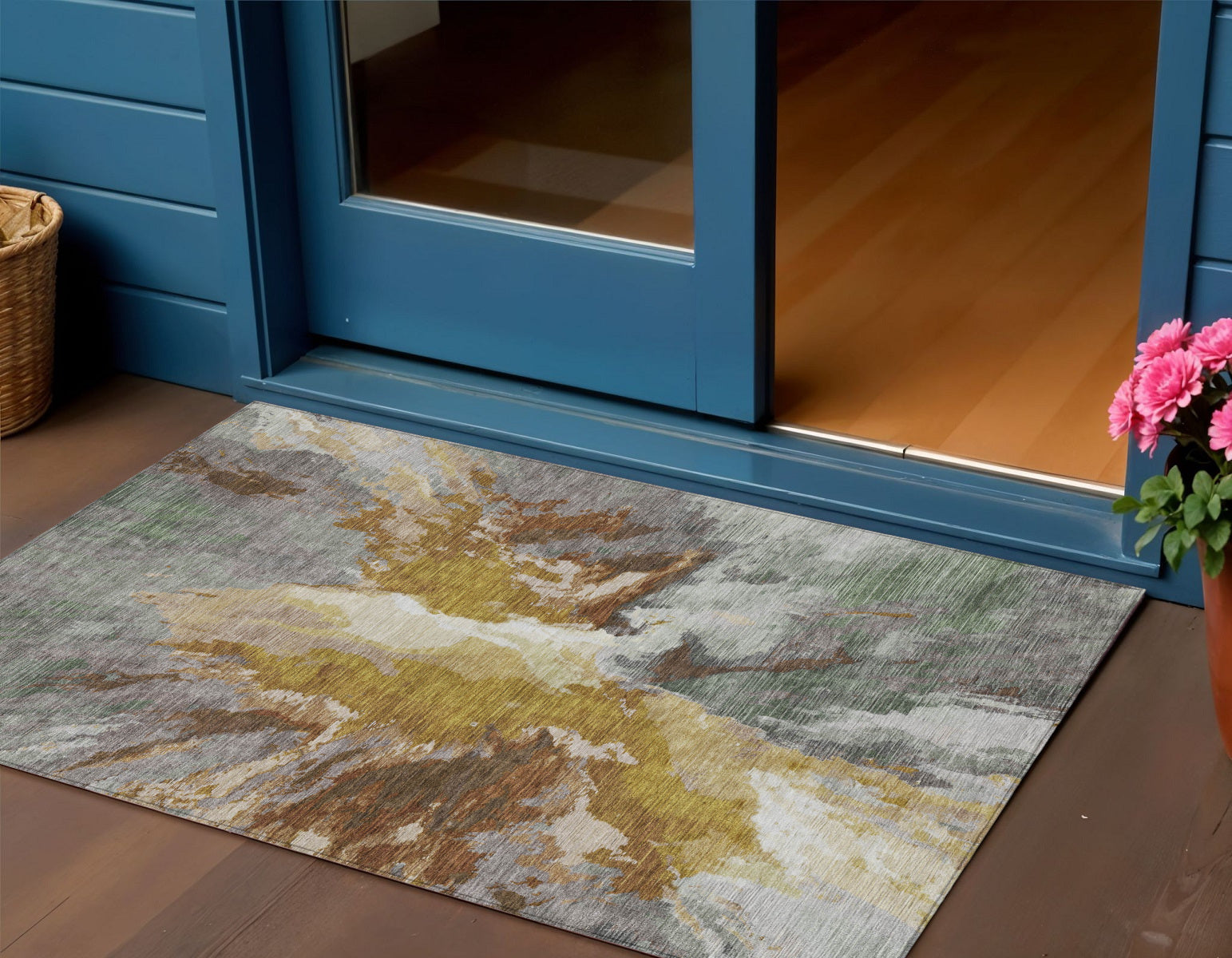 3 X 5 Gold And Gray Abstract Washable Indoor Outdoor Area Rug