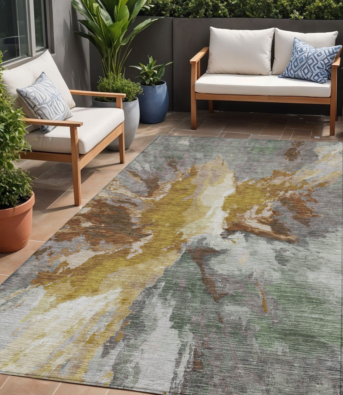 5 X 8 Gold And Gray Abstract Washable Indoor Outdoor Area Rug