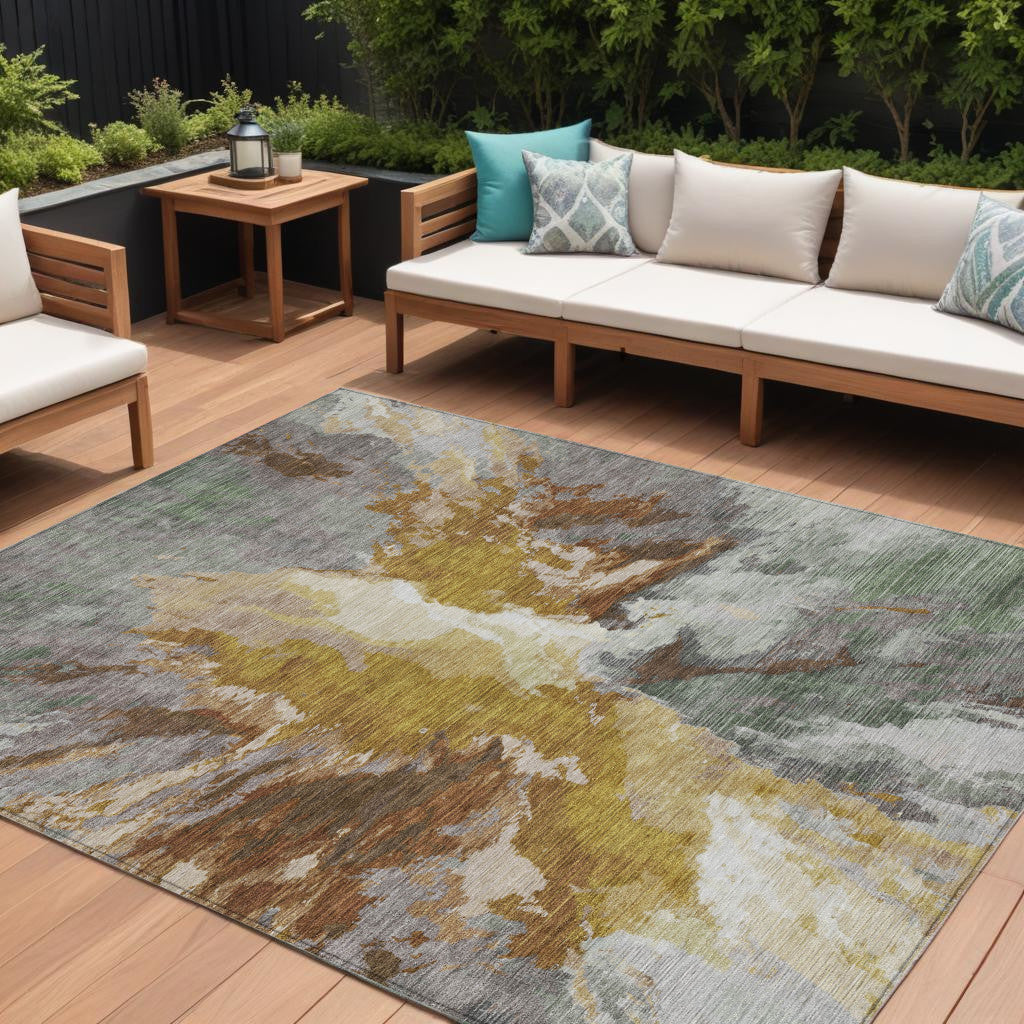 8 X 10 Gold And Gray Abstract Washable Indoor Outdoor Area Rug