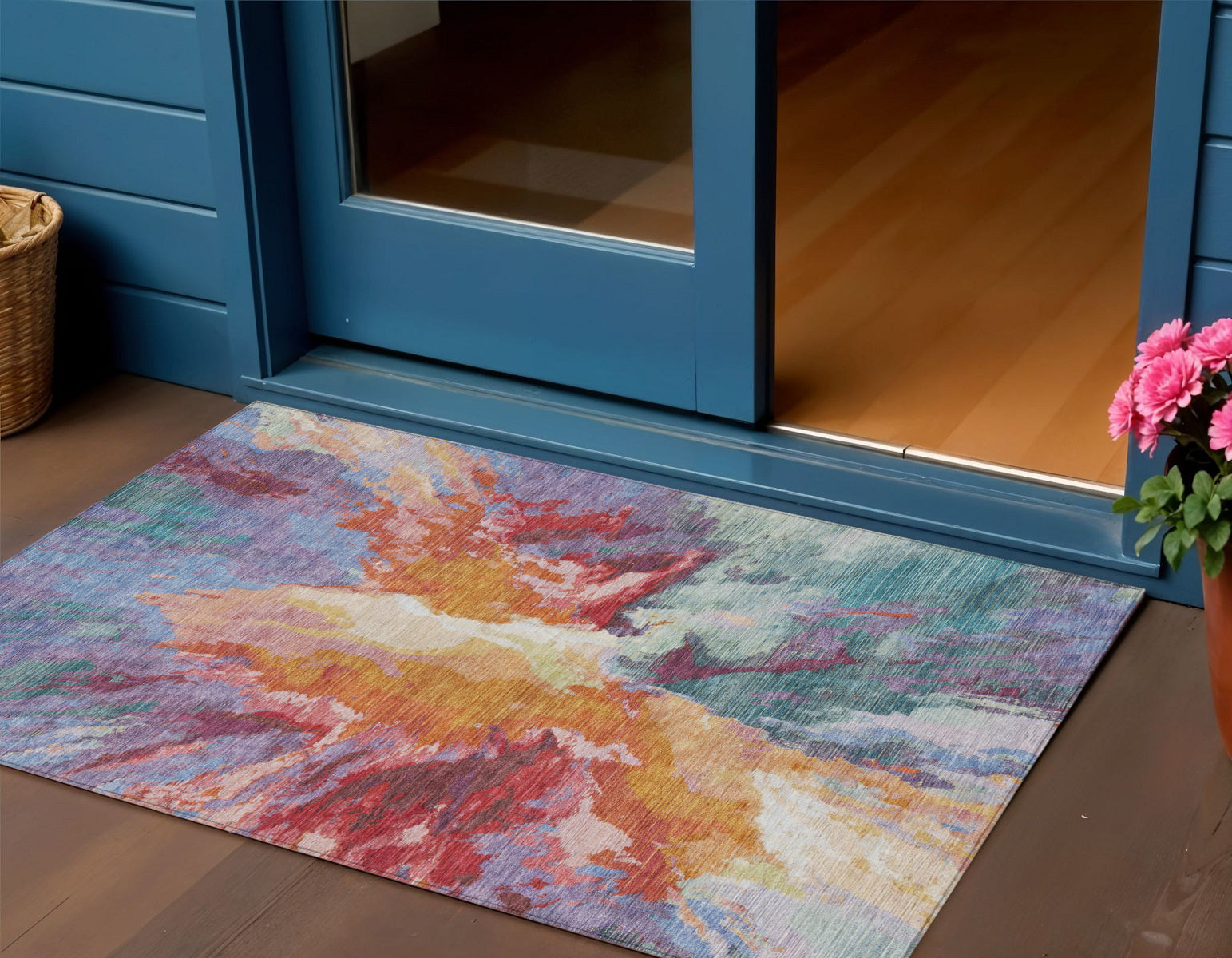 3 X 5 Orange Red And Teal Blue Abstract Washable Indoor Outdoor Area Rug
