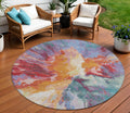 8 Orange Red And Teal Blue Round Abstract Washable Indoor Outdoor Area Rug
