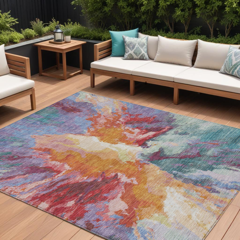 10 X 14 Orange Red And Teal Blue Abstract Washable Indoor Outdoor Area Rug