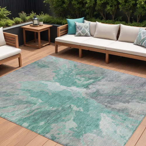 10 X 14 Teal Blue And Lavender Abstract Washable Indoor Outdoor Area Rug