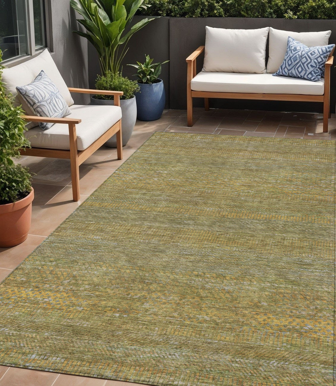 5 X 8 Sage And Gold Striped Washable Indoor Outdoor Area Rug