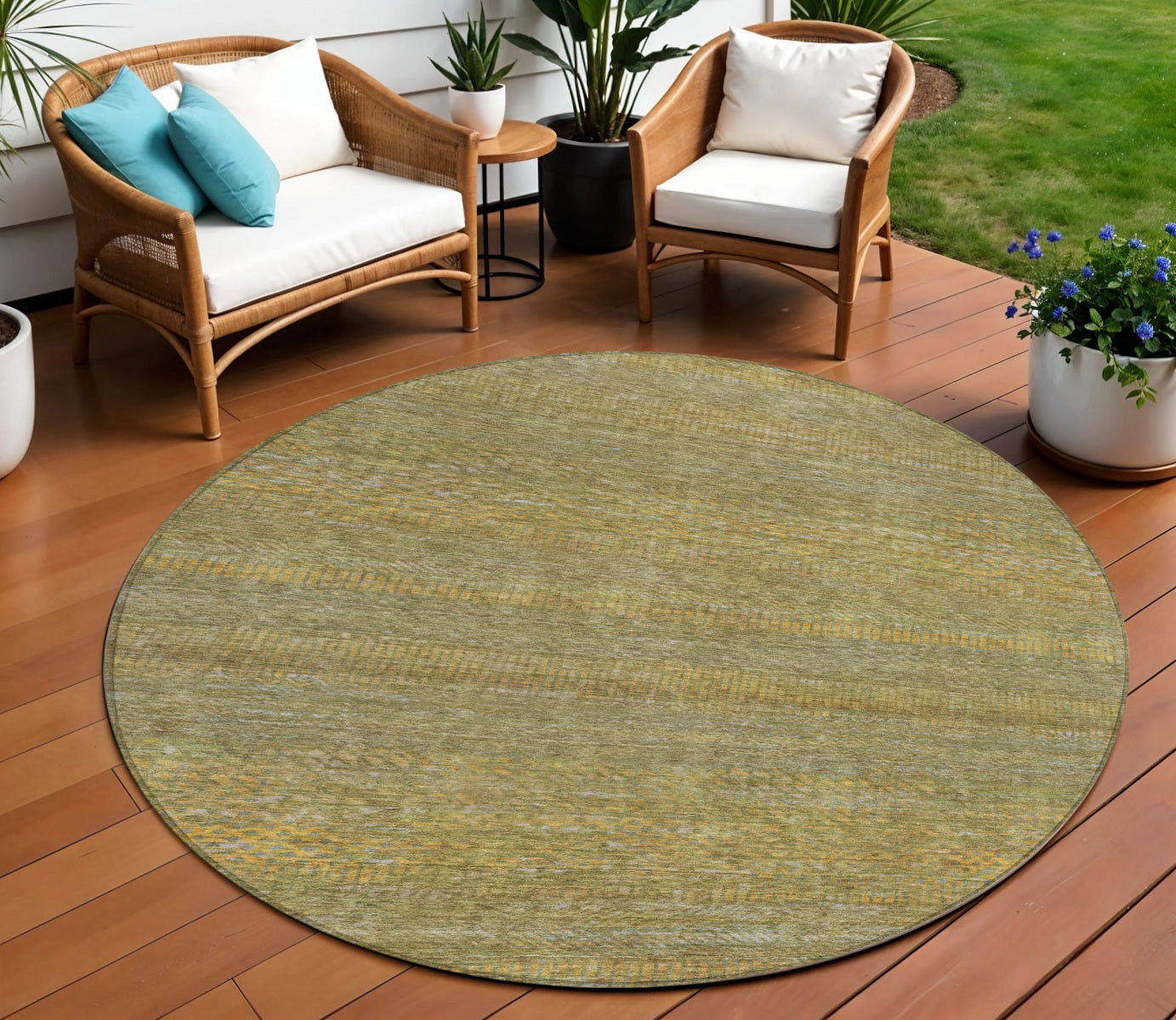 8 Sage And Gold Round Striped Washable Indoor Outdoor Area Rug