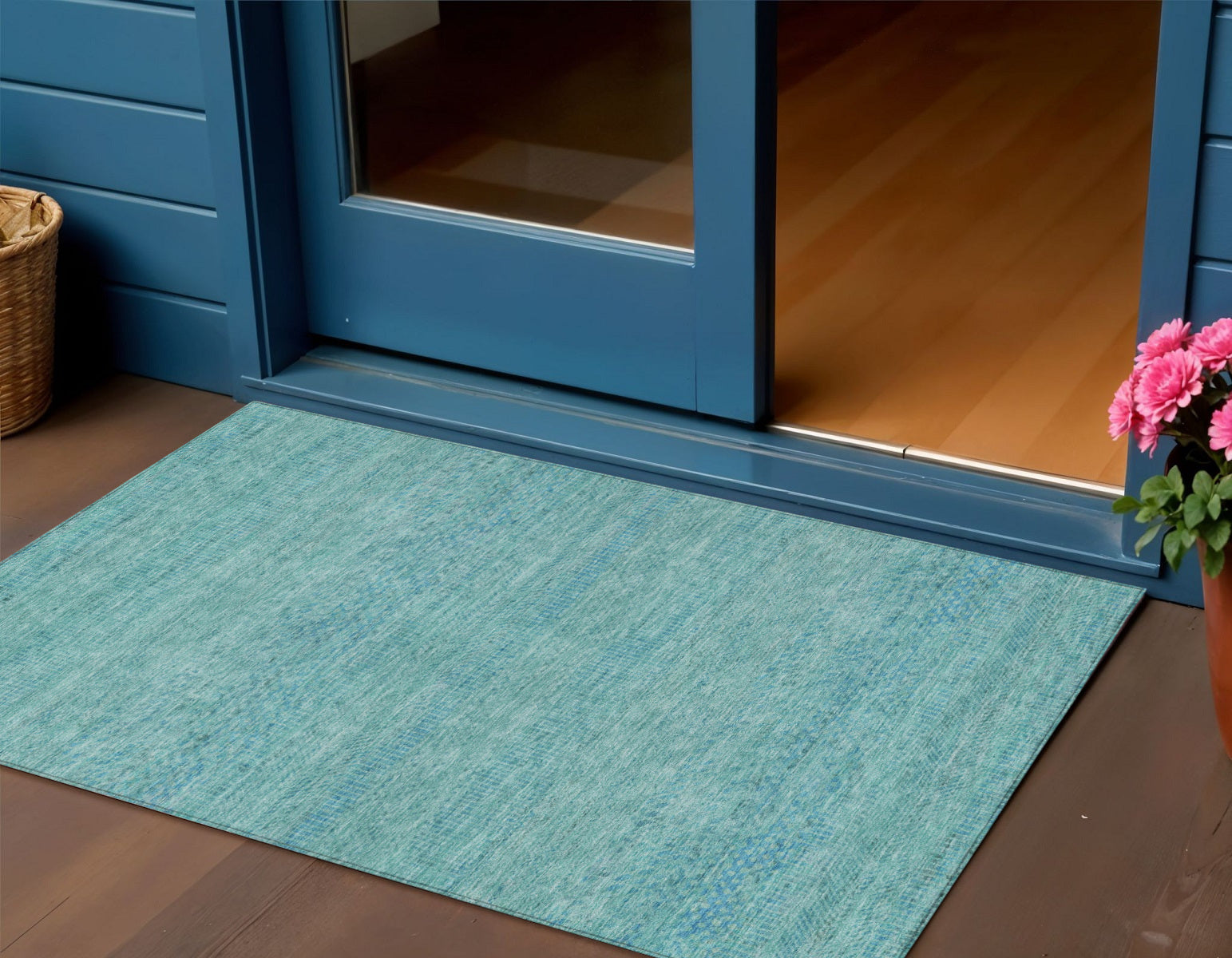 3 X 5 Aqua And Teal Blue Striped Washable Indoor Outdoor Area Rug