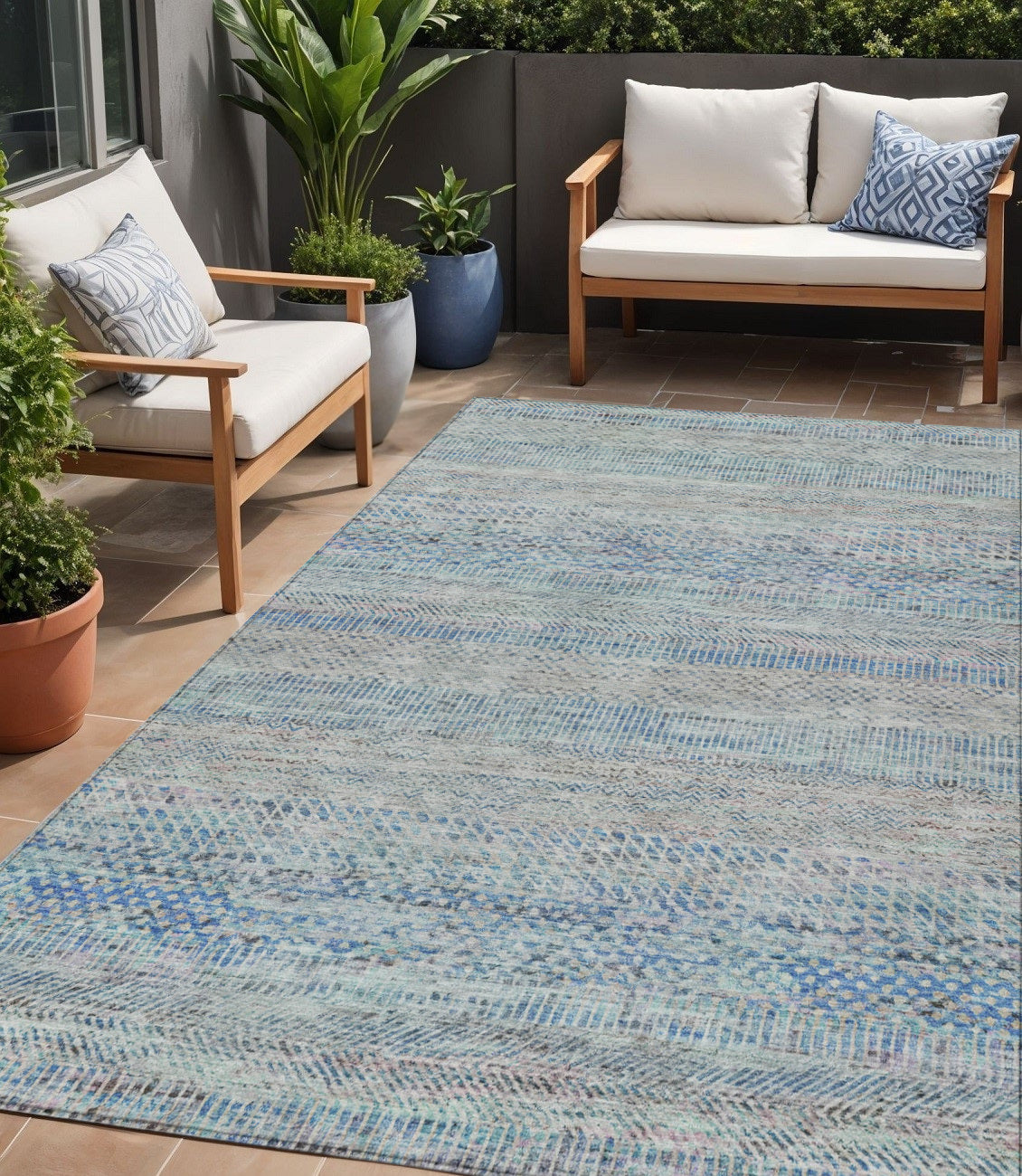 5 X 8 Blue And Charcoal Striped Washable Indoor Outdoor Area Rug