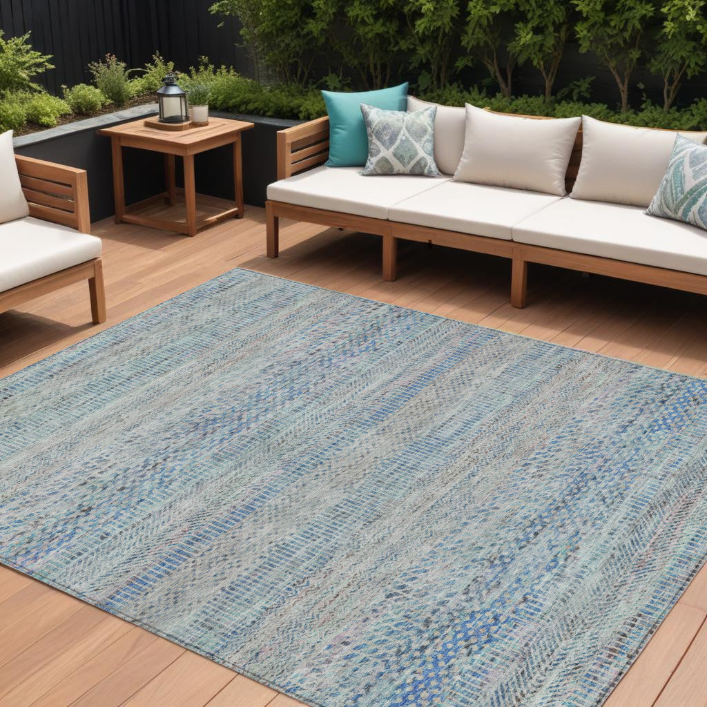 8 X 10 Blue And Charcoal Striped Washable Indoor Outdoor Area Rug