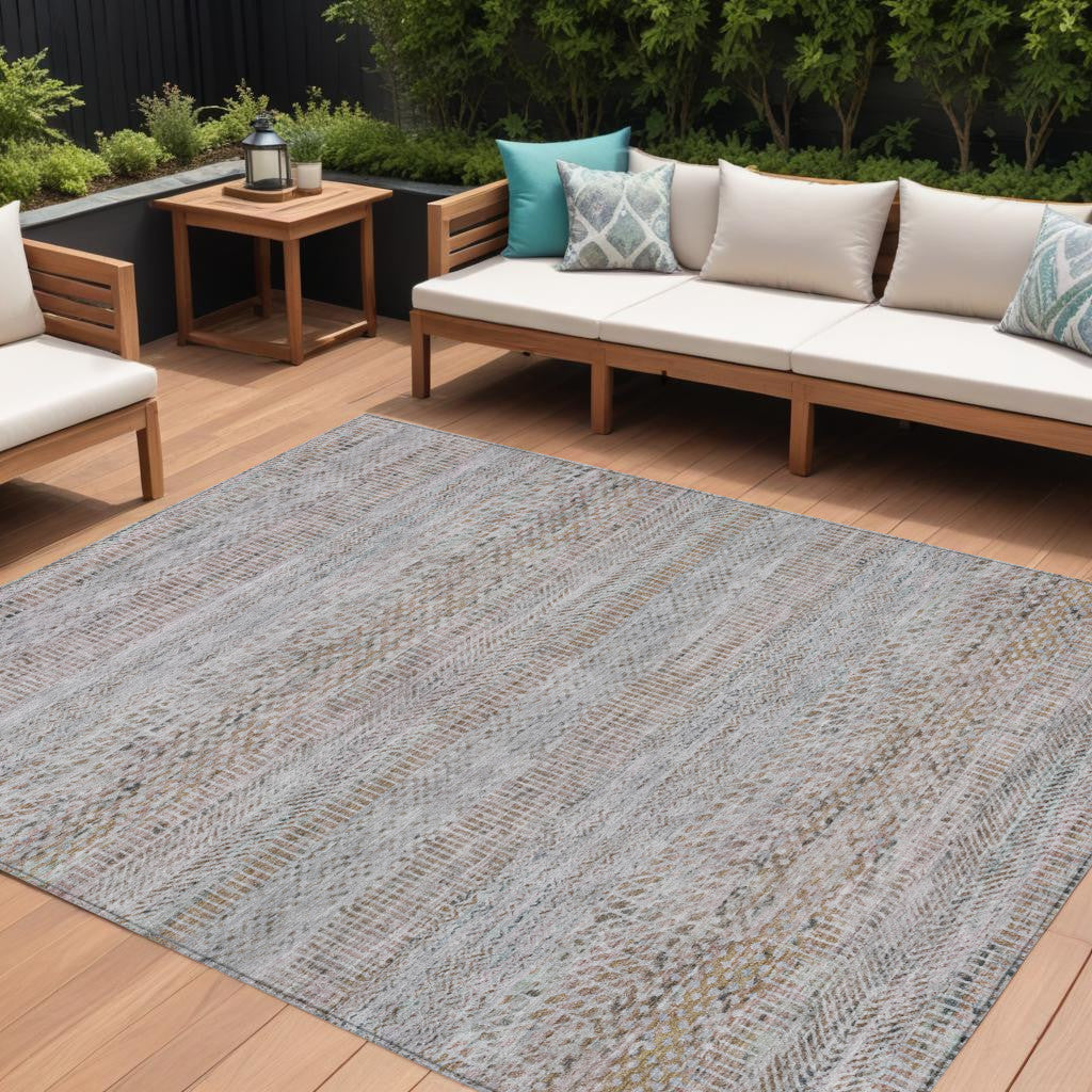 9 X 12 Linen And Gray Striped Washable Indoor Outdoor Area Rug