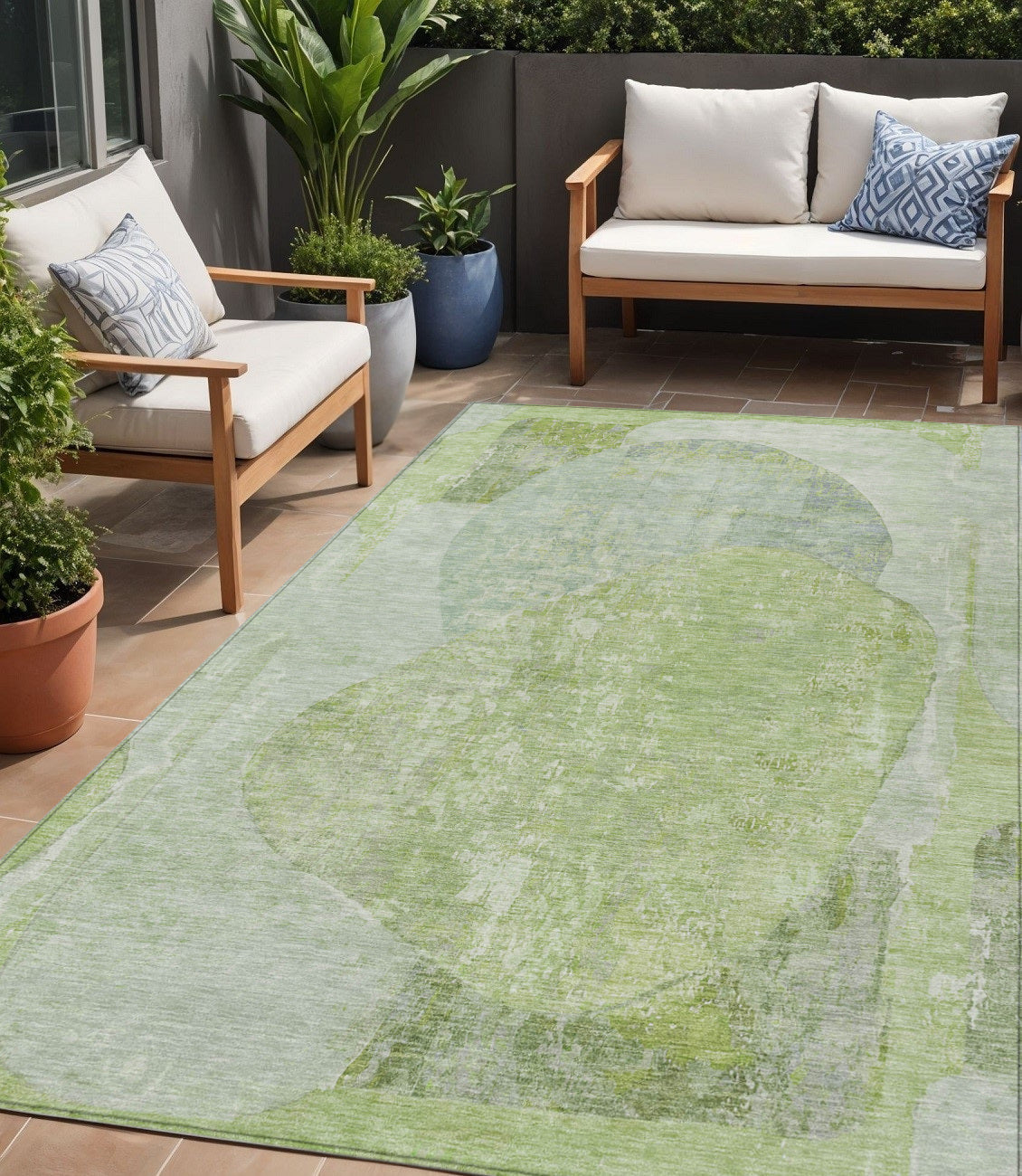 5 X 8 Artichoke Green And Mint Green Abstract Washable Indoor Outdoor Area Rug