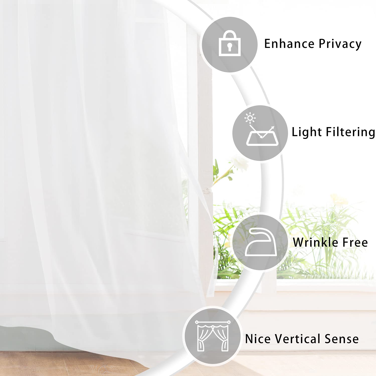Hiasan Off White Sheer Curtains With Tiebacks, Light Filtering Voile Textured Drape Lightweight Grommet Window Curtains For Bedroom, Living Room And Office, W42 X L90, Set Of 2 Soft Panels