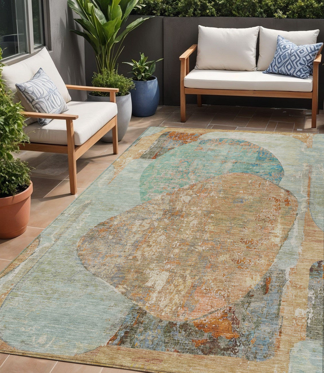 5 X 8 Teal Blue And Copper Abstract Washable Indoor Outdoor Area Rug