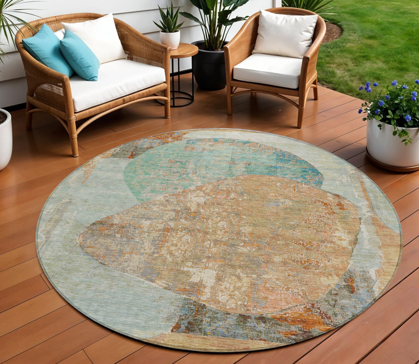 8 Teal Blue And Copper Round Abstract Washable Indoor Outdoor Area Rug
