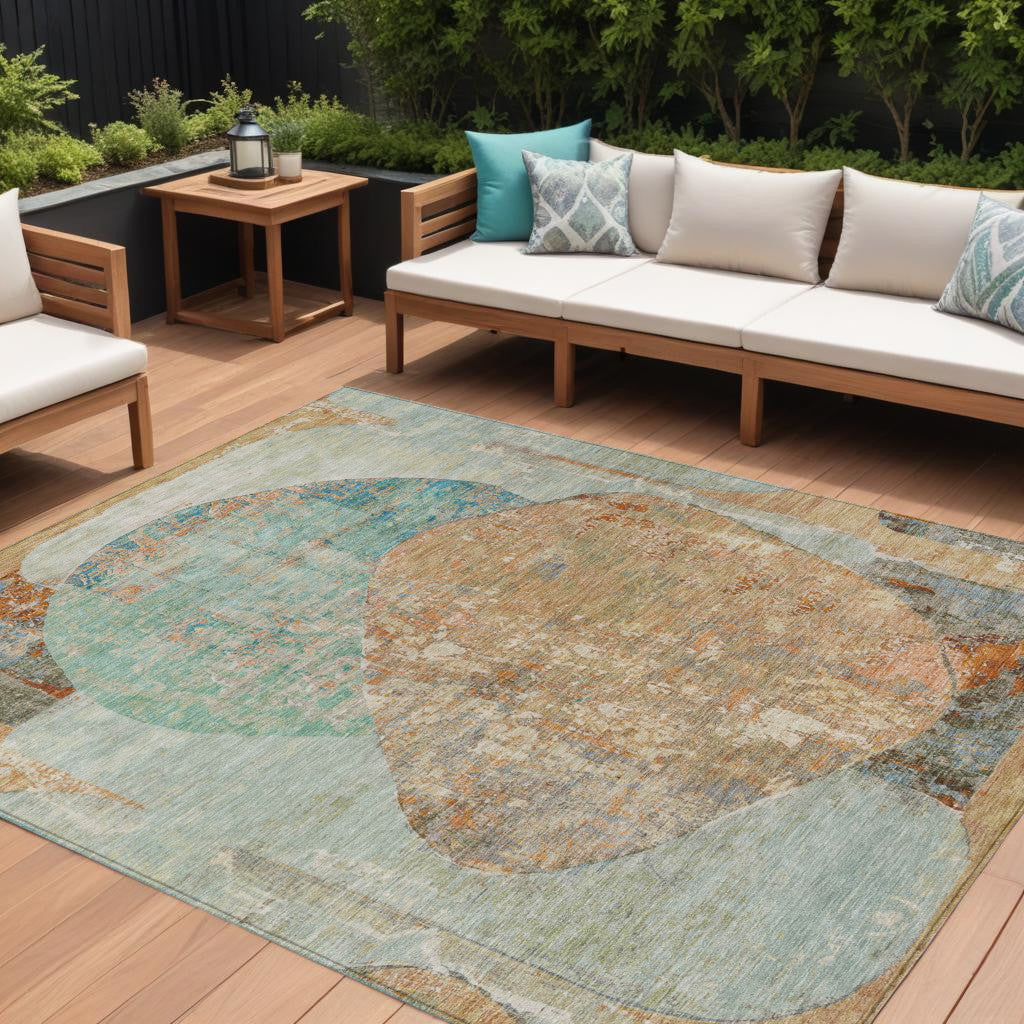 9 X 12 Teal Blue And Copper Abstract Washable Indoor Outdoor Area Rug