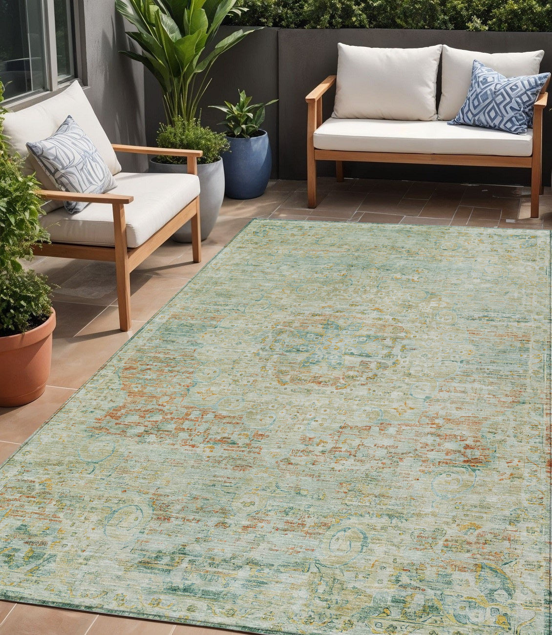5 X 8 Sage And Copper Medallion Washable Indoor Outdoor Area Rug