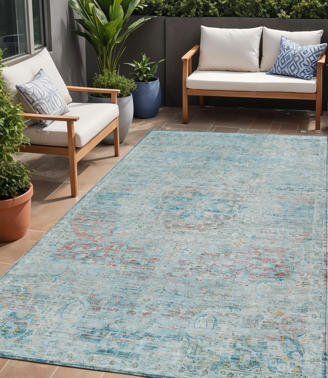 5 X 8 Sky Blue And Blush Medallion Washable Indoor Outdoor Area Rug