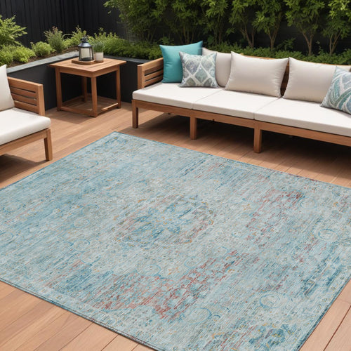 10 X 14 Sky Blue And Blush Medallion Washable Indoor Outdoor Area Rug