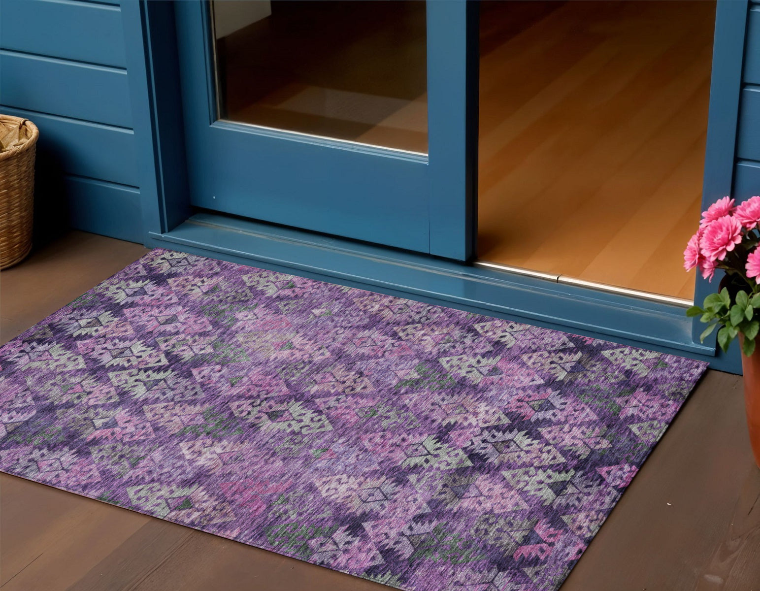 3 X 5 Eggplant Plum And Lavender Aztec Washable Indoor Outdoor Area Rug