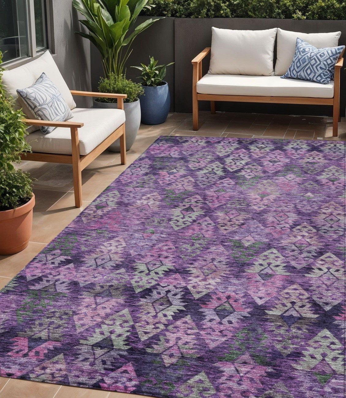 5 X 8 Eggplant Plum And Lavender Aztec Washable Indoor Outdoor Area Rug