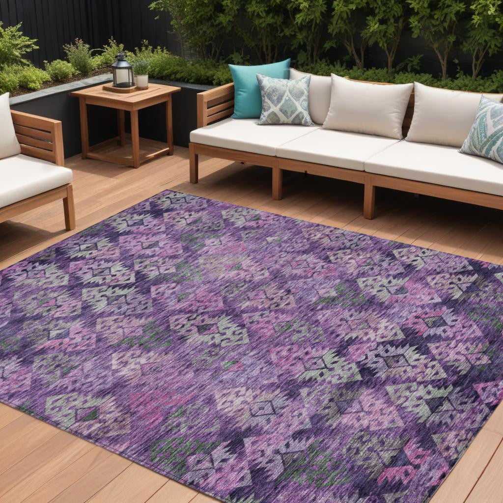 8 X 10 Eggplant Plum And Lavender Aztec Washable Indoor Outdoor Area Rug