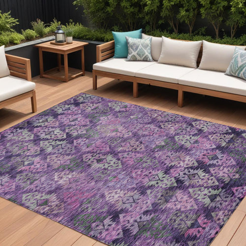 10 X 14 Eggplant Plum And Lavender Aztec Washable Indoor Outdoor Area Rug