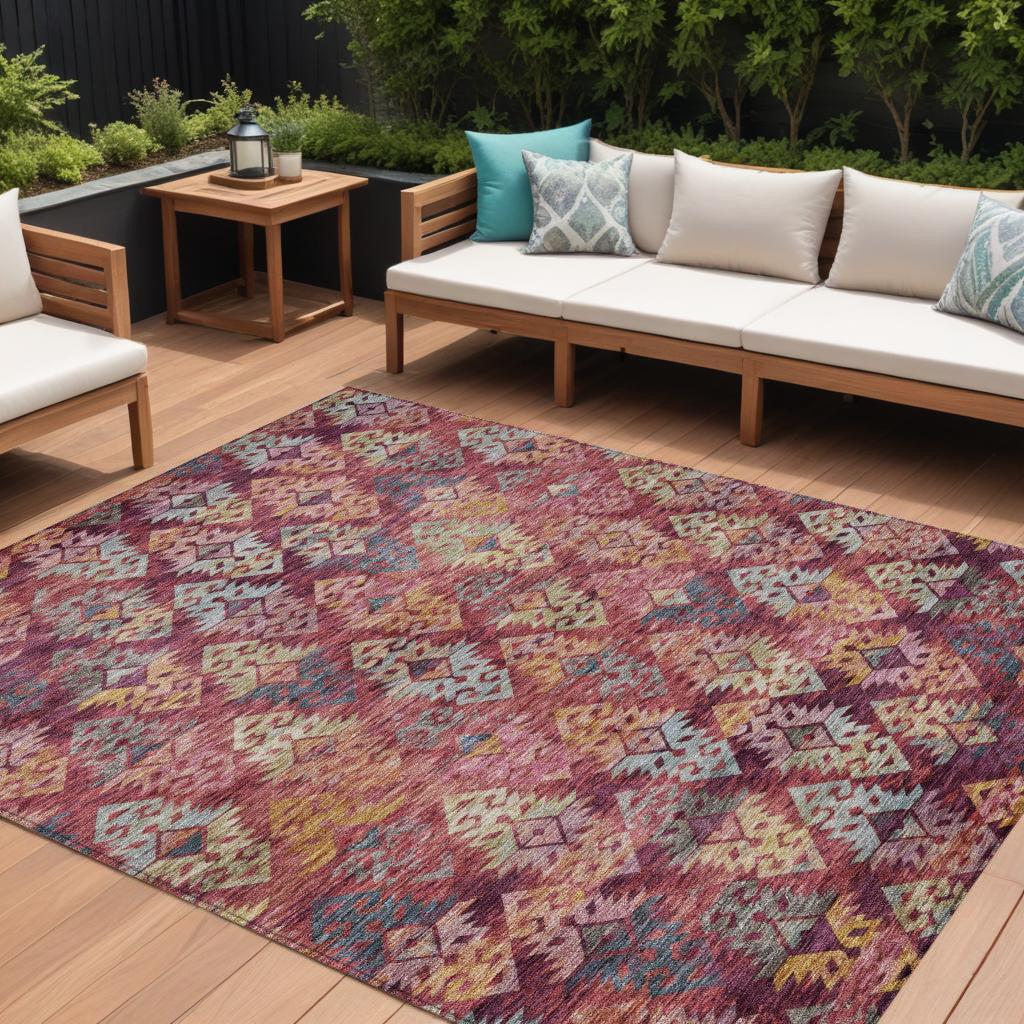 9 X 12 Rust Gold And Blush Aztec Washable Indoor Outdoor Area Rug